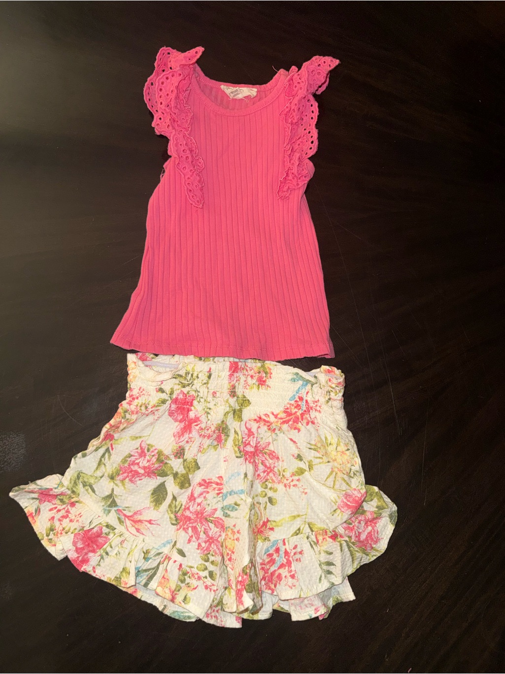 Jessica Simpson Pink Ribbed Tank With Floral Ruffle Shorts Set